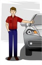 Man shows thumb up on the background of the car. Buyer cars. Car dealer