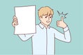 Man shows white sheet of paper and raises thumb up recommending cool investment offer. Vector image
