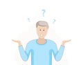 A man is shrugging with a curious expression. Search solution. Modern hand drawn vector illustrations design