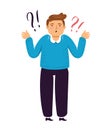 Man shrugs in disbelief. Unclear, question flat cartoon vector illustration