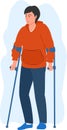 Man is sick and using crutches. Cartoon male with crutches. Health insurance client character. Injury, trauma. Active