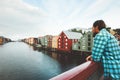 Man sightseeing Trondheim city from bridge in Norway Royalty Free Stock Photo