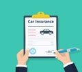 Man signs a legal document auto insurance. Claim form. Car protection property. Car insurance form. Vector illustration Royalty Free Stock Photo