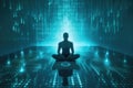 A man sihouette meditating in cyberspace surrounded by floating holographic binary code. Merging of human consciousness and