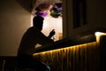 Man silhouette in cafe bar drink alcoholic drinks Royalty Free Stock Photo