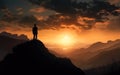 Man silhouette climbing high on cliff. Hiker climbed up to peak enjoy view. Sport and active life concept. Generative ai Royalty Free Stock Photo