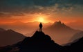 Man silhouette climbing high on cliff. Hiker climbed up to peak enjoy view. Sport and active life concept. Generative ai