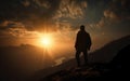 Man silhouette climbing high on cliff. Hiker climbed up to peak enjoy view. Sport and active life concept. Generative ai Royalty Free Stock Photo