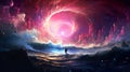 man silhouette at colorful fantasy background, purple, blue and pink universe with nebulas and wormholes, generative AI Royalty Free Stock Photo