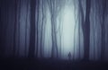 Man silhouette in dark haunted forest with fog