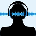 Man silhouette with headphone and sound waves