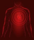 Man silhouette healthy heart beats 3d medicine model low poly. Triangle connected dots glow point red background. Wave impulse fro