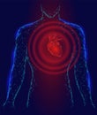 Man silhouette heart beats 3d medicine disease model low poly. Triangle connected dots glow point red blue background. Wave pain i