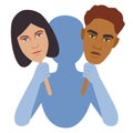 Man silhouette hold masks with two face woman and guy in hands choosing between two genders female and male or gender equality