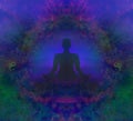 Man silhouette meditate, yoga decorative card