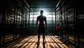 Man silhouette in prison cell. Prisoner concept