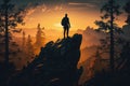 Man silhouette rock peak the view sun Generative AI Royalty Free Stock Photo