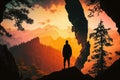 Man silhouette rock peak the view sun Generative AI Royalty Free Stock Photo