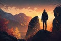 Man silhouette rock peak the view sun Generative AI Royalty Free Stock Photo