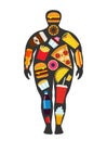 Man silhouette with scattered fast food elements. Unhealthy, junk food and obesty concept.