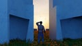 Man staring at sun between two ancient concrete structures 3D illustration