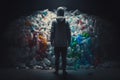 Man silhouette stands in front of a pile of plastic. Humanity concept plastic pollution of the world. Generative AI technology