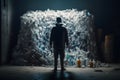 Man silhouette stands in front of a pile of plastic. Humanity concept plastic pollution of the world. Generative AI technology