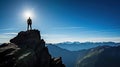 Man silhouette stay on sharp rock peak. Satisfy hiker enjoy view. Tall man on rocky cliff watching down to landscape. Generative