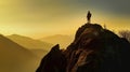 Man silhouette stay on sharp rock peak. Satisfy hiker enjoy view. Tall man on rocky cliff watching down to landscape. Generative