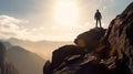 Man silhouette stay on sharp rock peak. Satisfy hiker enjoy view. Tall man on rocky cliff watching down to landscape. Generative Royalty Free Stock Photo