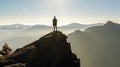 Man silhouette stay on sharp rock peak. Satisfy hiker enjoy view. Tall man on rocky cliff watching down to landscape. Generative Royalty Free Stock Photo