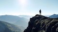 Man silhouette stay on sharp rock peak. Satisfy hiker enjoy view. Tall man on rocky cliff watching down to landscape. Generative