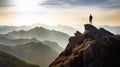 Man silhouette stay on sharp rock peak. Satisfy hiker enjoy view. Tall man on rocky cliff watching down to landscape. Generative Royalty Free Stock Photo