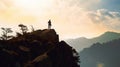 Man silhouette stay on sharp rock peak. Satisfy hiker enjoy view. Tall man on rocky cliff watching down to landscape. Generative Royalty Free Stock Photo