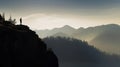 Man silhouette stay on sharp rock peak. Satisfy hiker enjoy view. Tall man on rocky cliff watching down to landscape. Generative Royalty Free Stock Photo