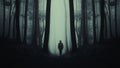 Man silhouette in surreal spooky dark forest with fog Royalty Free Stock Photo