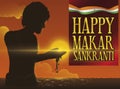 Man Silhouette in Traditional Bathing for Makar Sankranti Festival, Vector Illustration