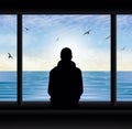 Man Thinking Silhouette At The Window Looking At Lake