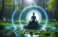 man silhouette in yoga lotus pose practicing meditation in lotus position in spring forest Royalty Free Stock Photo