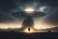 A man silhouetted by a giant UFO by Keith Parkinson, misty, dramatic, epic, cinematic