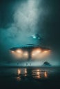 A man silhouetted by a giant UFO by Keith Parkinson, misty, dramatic, epic, cinematic