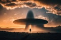 A man silhouetted by a giant UFO by Keith Parkinson, misty, dramatic, epic, cinematic