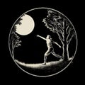 Realistic Yet Stylized Drawing Of A Man Throwing A Ball At The Moon