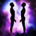 Man and man silhouettes at abstract cosmic background. Human souls couple in love and spiritual life concept