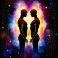 Man and Man silhouettes at abstract cosmic background. Human souls couple in love and spiritual life concept