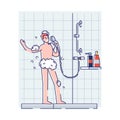 Man sing in shower white bathing in bathroom. Happy guy in foam using shower as microphone