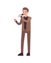 Man singer. Vocalists musical performance, boy stands in brown suit with microphone and sings song, karaoke or pop