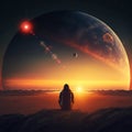 Man sit on front earth,Earth and moon on sunset ,  night alien planet space starry sky flares cosmic fantastic background Royalty Free Stock Photo