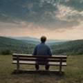 A man sits alone on a bench in a grassy field, surrounded by open space and distant trees Royalty Free Stock Photo
