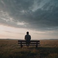 A man sits alone on a bench in a grassy field, surrounded by open space and distant trees Royalty Free Stock Photo